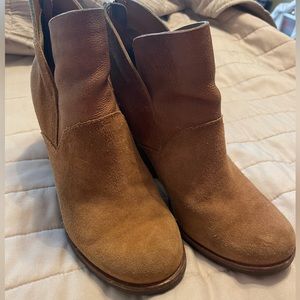 Kork-Ease suede/tan booties. Size 7.5, 3” heel.